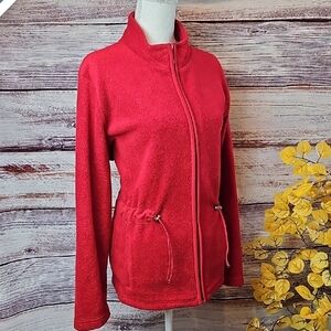 KAREN SCOTT RED CINCH WAIST LONG SLEEVE ZIP-UP FLEECE JACKET